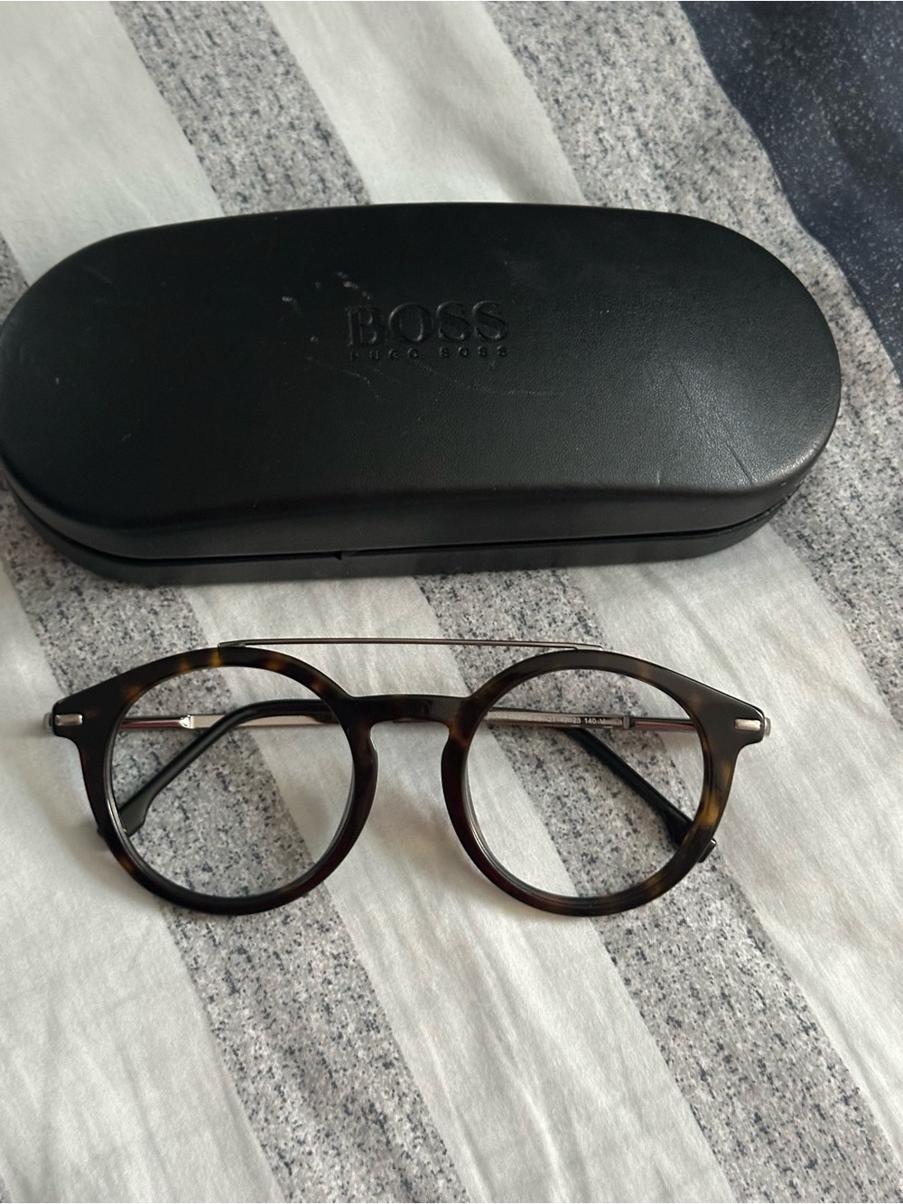 BOSS Tortoiseshell Round Glasses with Silver Double Bridge